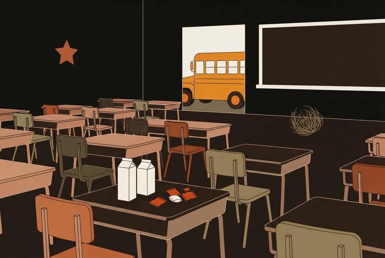 Flat illustration of Desks, Chairs, Blackboard, School bus, Tumbleweed, Lone star