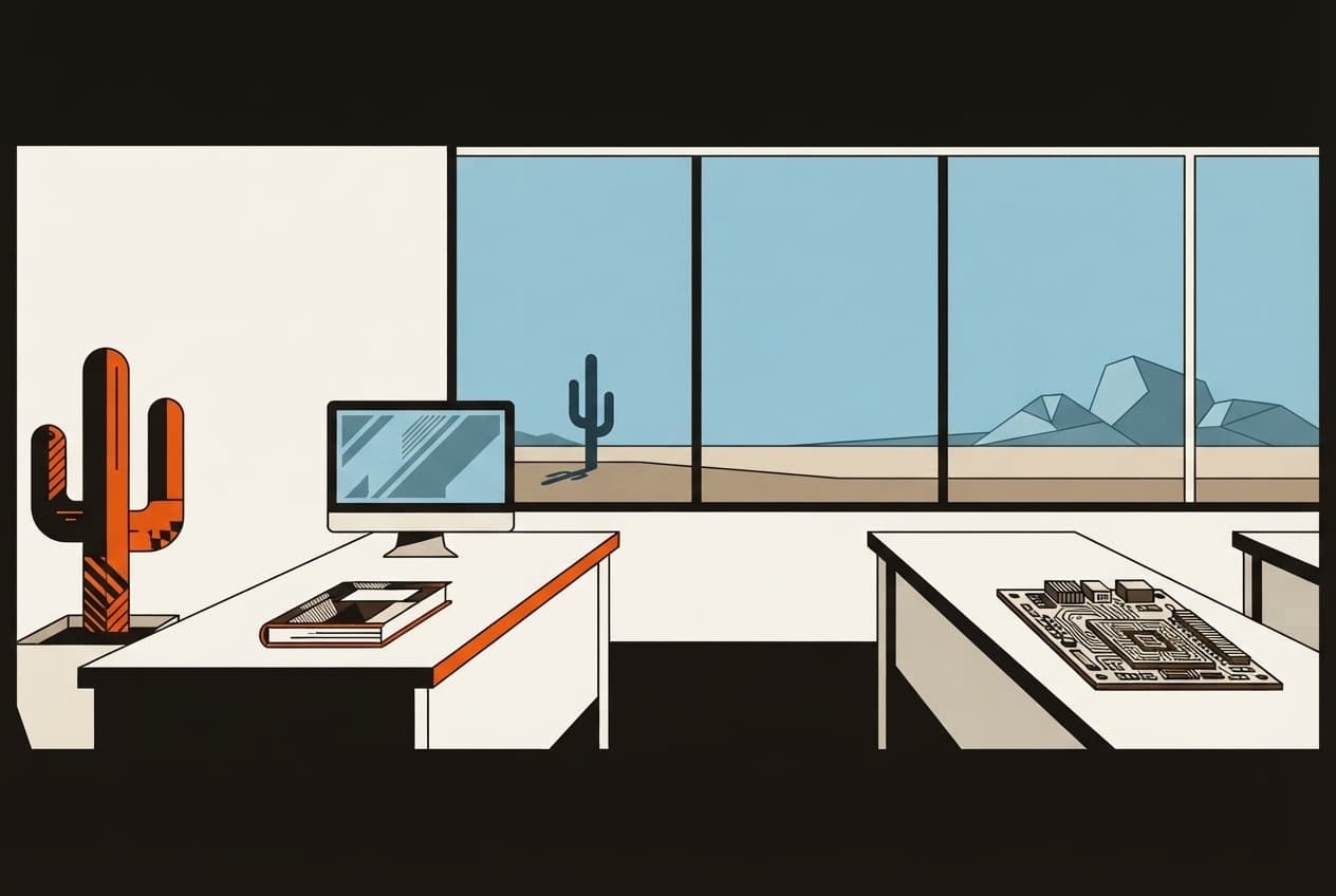 Flat illustration of computer screen, textbook, cactus, circuit board, empty desk
