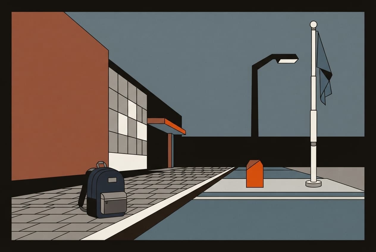 Flat illustration of School building, Flagpole, Sidewalk, Streetlight, Backpack